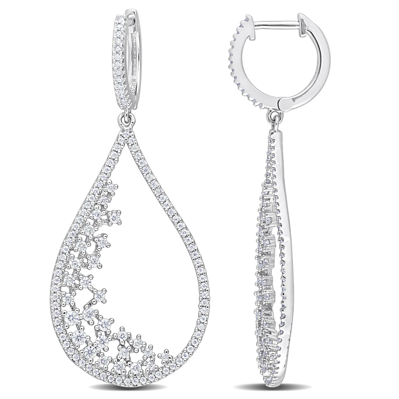 1 1/4 CT TGW Created White Moissanite Filigree Design Teardrop Hoop Earrings Platinum Silver Plated
