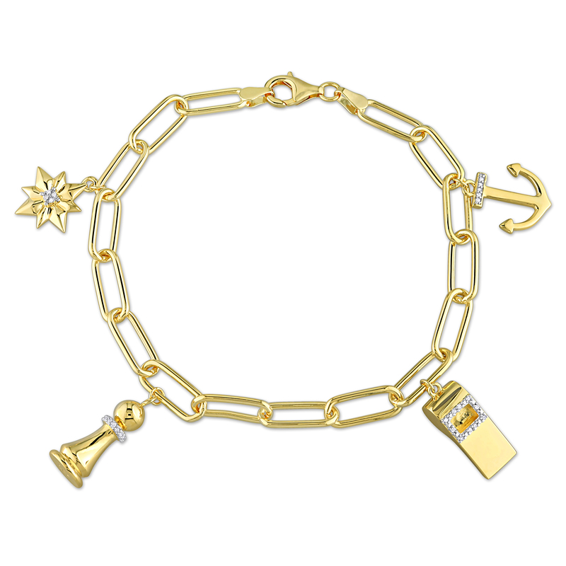 Men's 1/6 CT Diamond TW Charm 9 Bracelet on 6mm Oval Link Chain in Yellow Plated Sterling Silver