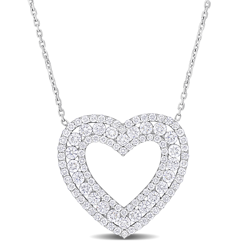 1 2/5 CT TW Diamond 3-Row Broad Bordered Open Heart Necklace in 14k White Gold - 17 in