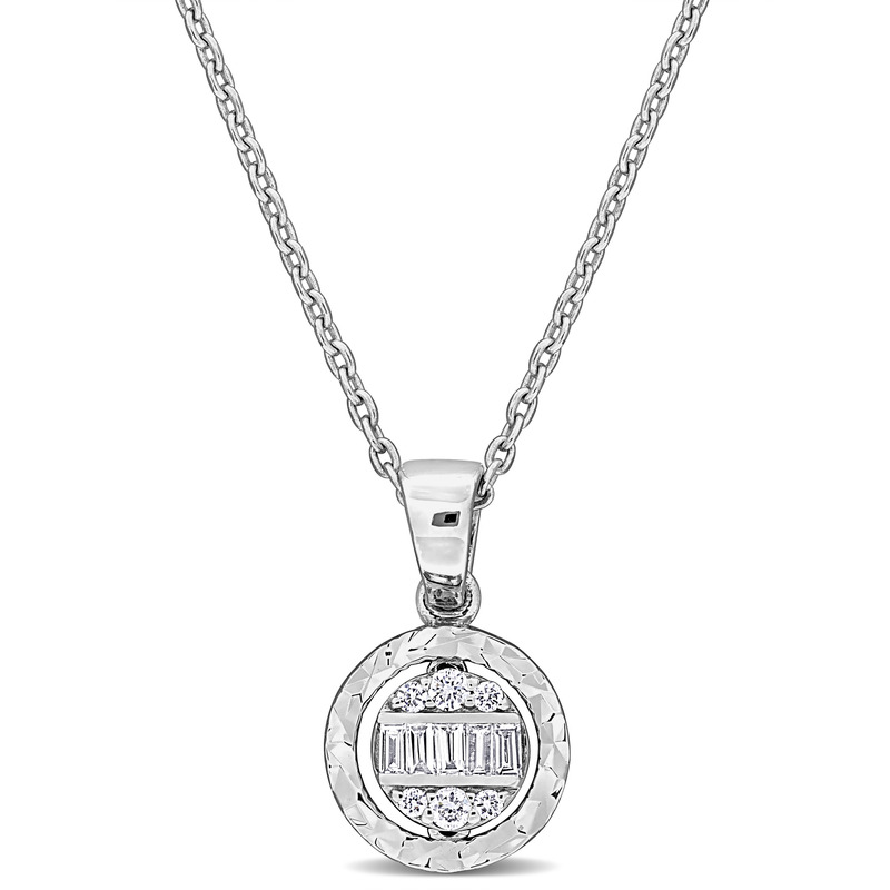 1/7 CT TDW Parallel Baguette and Round-Shaped Diamonds Halo Round Cluster Necklace in 14k White Gold - 16.5 in.