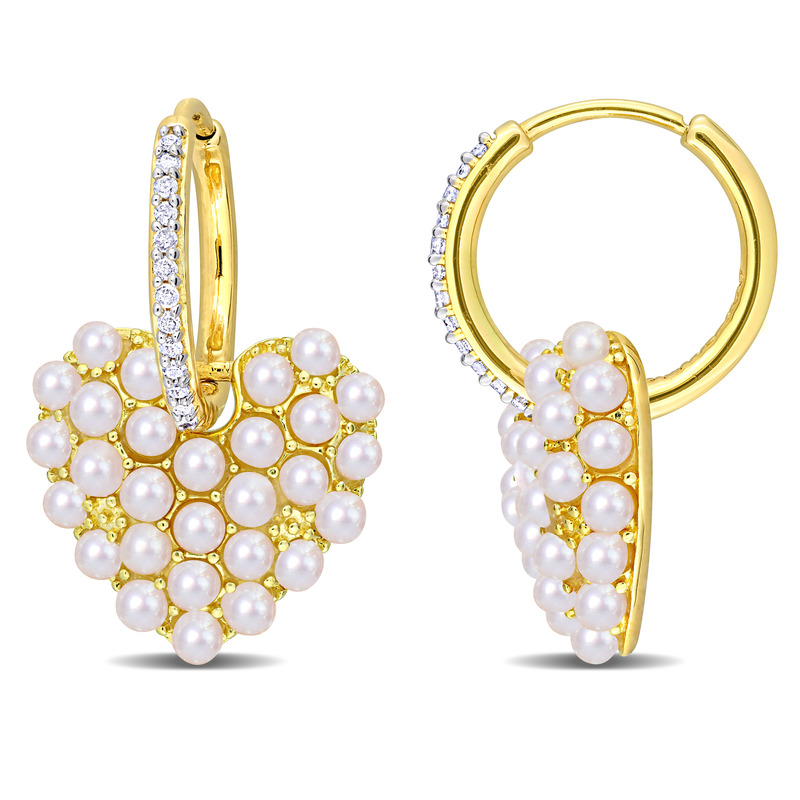 2-2.5 MM Cultured Freshwater Pearl and 1/8 CT TW Diamond Heart Charm Huggie Hoop Earrings in Yellow Plated Sterling Silver