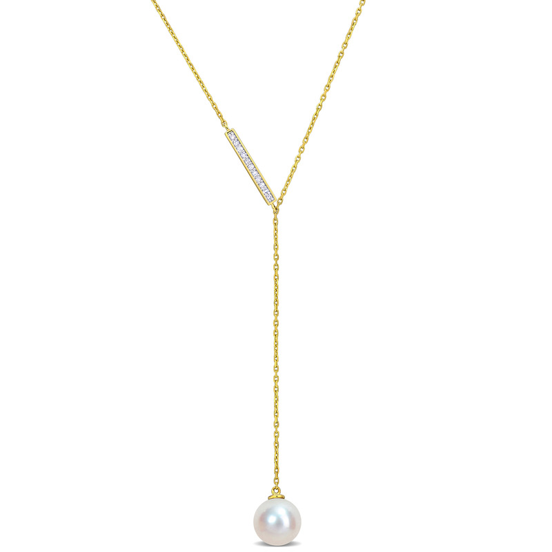 8-8.5 MM Cultured Freshwater Pearl and Diamond Accent Lariant Necklace in 10k Yellow Gold - 17 in.