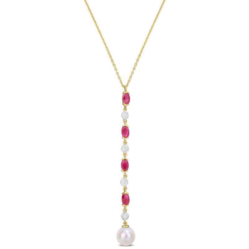7.5-8 MM Freshwater Cultured Pearl 1ct TGW Oval-Cut Ruby and 1/5 CT TW Diamond Drop Lariat Necklace in 10k Yellow Gold - 17 in.