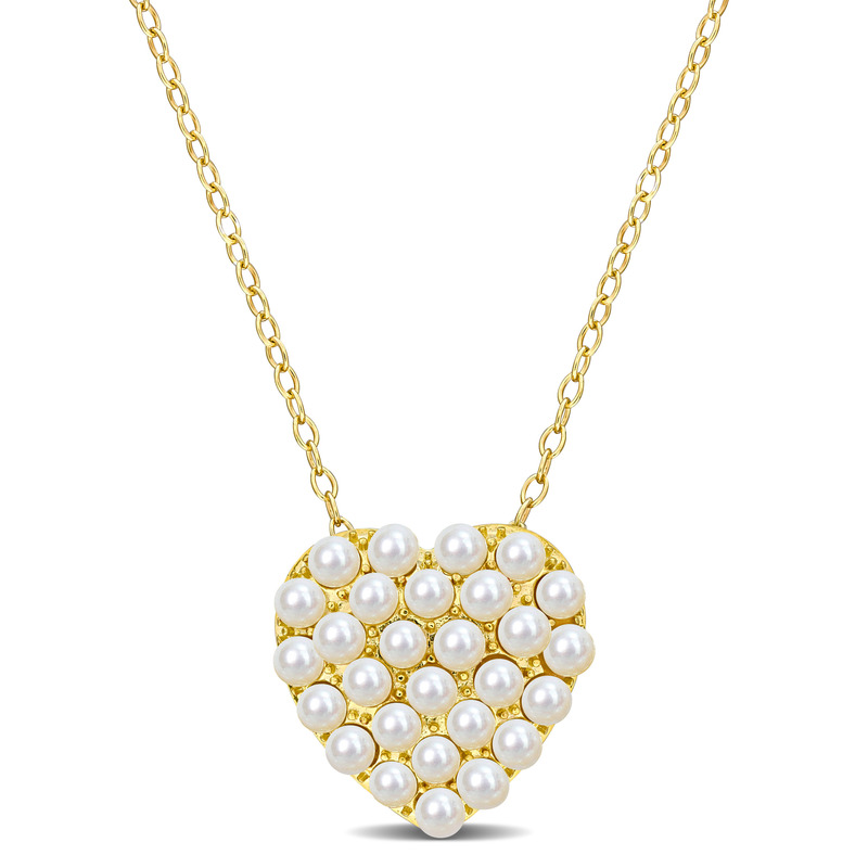 2-2.5 MM Cultured Freshwater Pearl Trendy Heart Pendant with Chain in Yellow Plated Sterling Silver - 18 in.