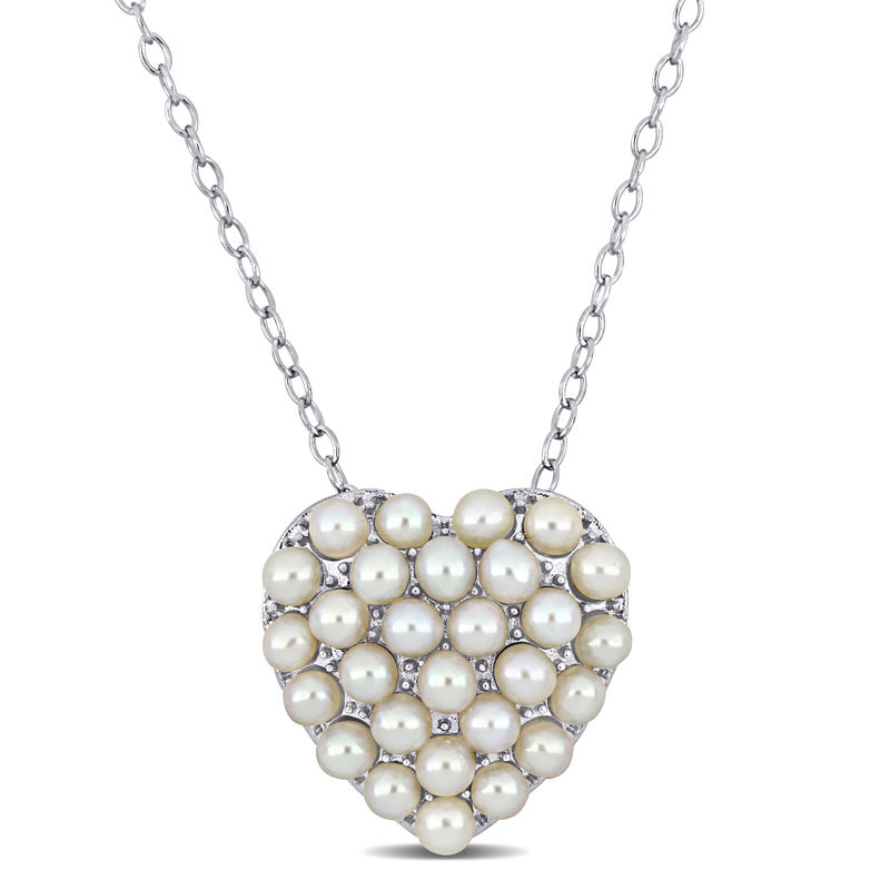2-2.5 MM Cultured Freshwater Pearl Cluster Heart Pendant with Chain in Sterling Silver - 18 in.