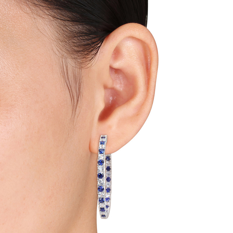 10 2/5 CT TGW Created Sapphire and Created White Sapphire Inside Outside Hoop Earrings in Sterling Silver