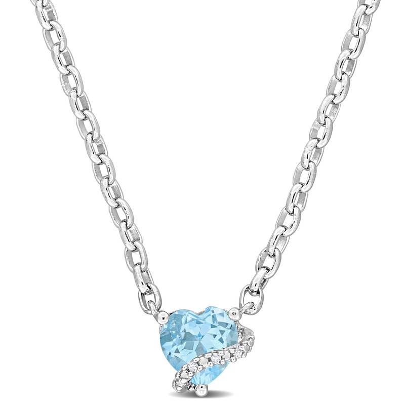 1 CT TGW Sky Blue Topaz & Diamond Accent Heart Swirl Pendant w Round Cable Chain in Sterling Silver - 18 in.