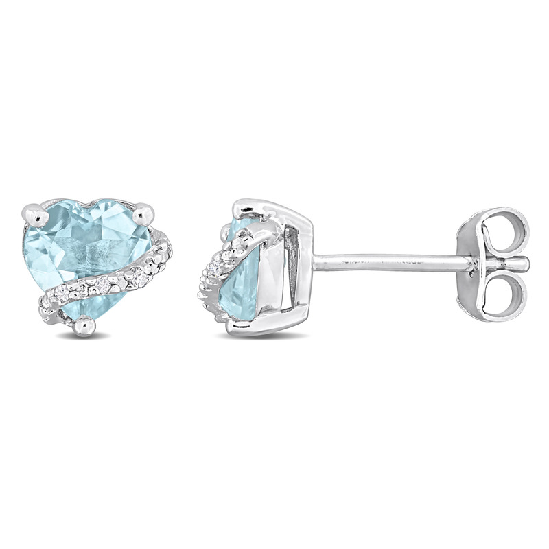 2 CT TGW Sky Blue Topaz and Diamond Accent Heart Stud Earrings in Sterling Silver