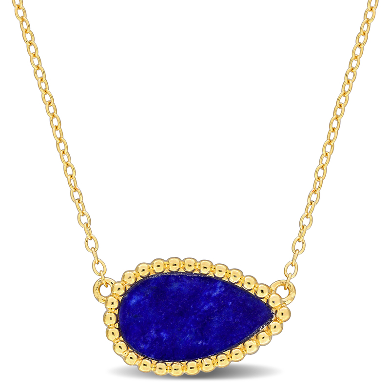 4 CT TGW Pear Shape Lapis Necklace With Beaded Halo in Yellow Plated Sterling Silver - 17 in.
