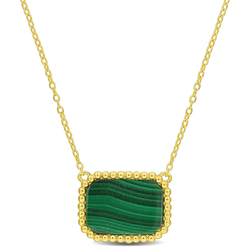 5 CT TGW Octagon Shape Malachite Necklace With Beaded Halo in Yellow Plated Sterling Silver - 17 in.
