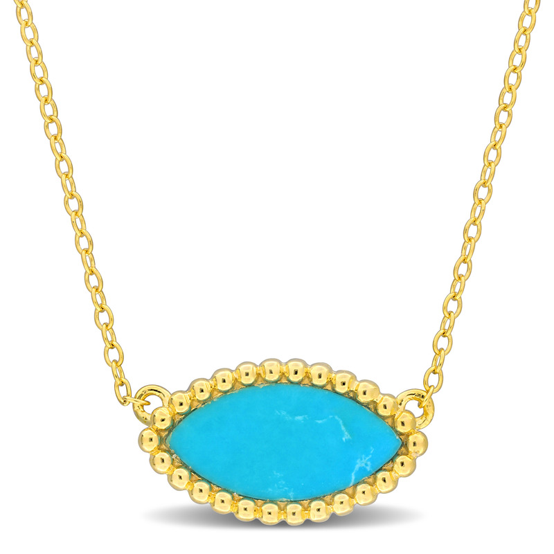 3 CT TGW Marquise Shape Created Turquoise Necklace With Beaded Halo in Yellow Plated Sterling Silver - 17 in.