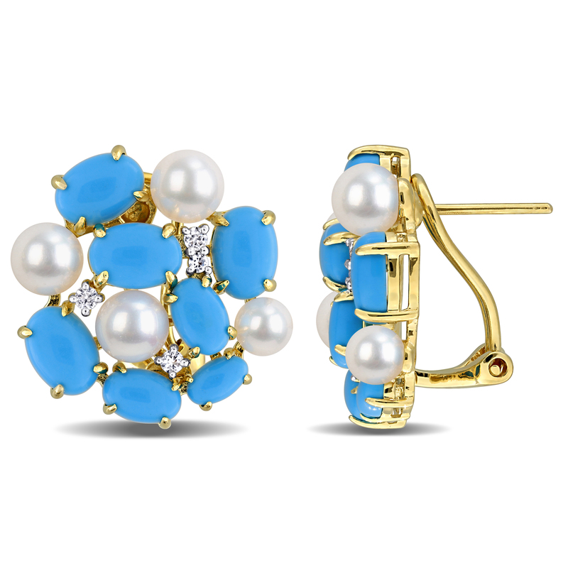 4-5.5mm Cultured Freshwater Pearl 11 1/5ct TGW Created Turquoise and Created White Sapphire Cluster Earrings in Yellow Plated Sterling Silver
