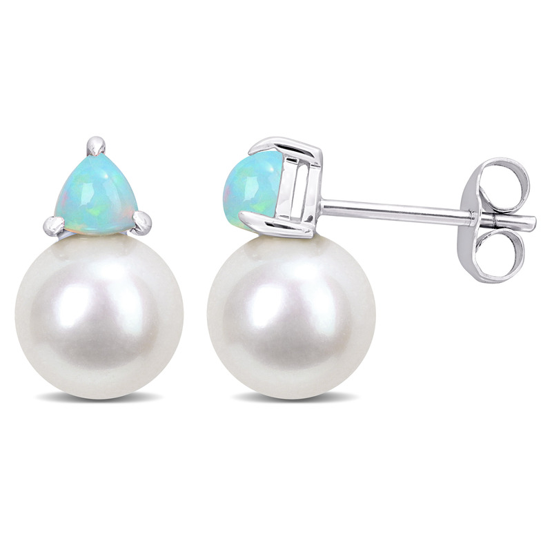 8-8.5mm Cultured Freshwater Pearl and 3/4ct TGW Ethiopian Opal Stud Earrings in 10k White Gold