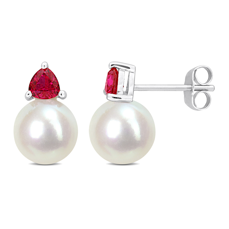 8-8.5mm Cultured Freshwater Pearl and 3/5ct TGW Created Ruby Stud Earrings in 10k White Gold