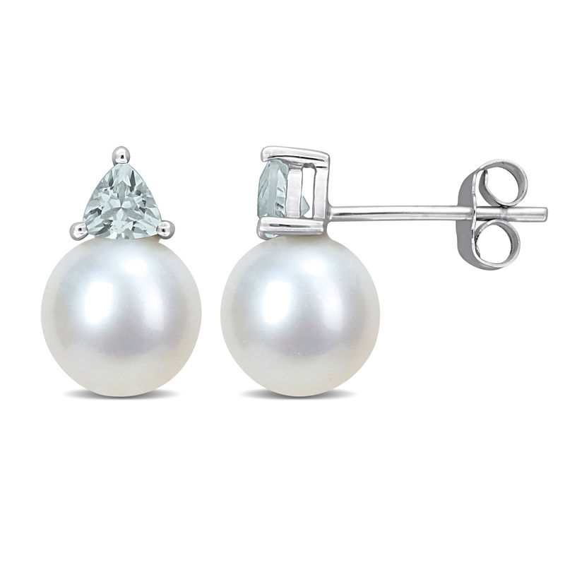 8-8.5mm Cultured Freshwater Pearl and 3/8ct TGW Aquamarine Stud Earrings in 10k White Gold