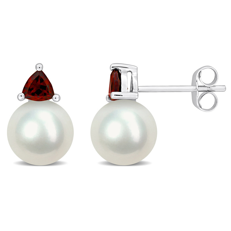 8-8.5mm Cultured Freshwater Pearl and 5/8ct TGW Garnet Stud Earrings in 10k White Gold
