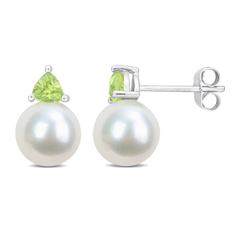 8-8.5mm Cultured Freshwater Pearl and 3/5ct TGW Peridot Stud Earrings in 10k White Gold