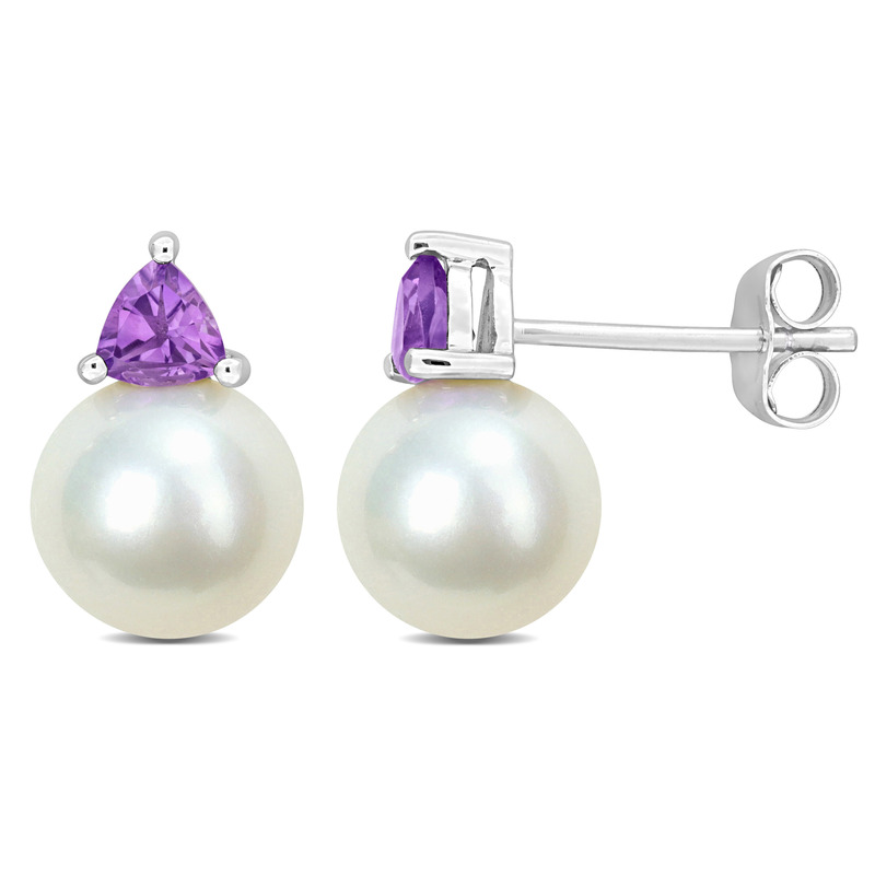 8-8.5mm Cultured Freshwater Pearl and 3/8ct TGW Amethyst Stud Earrings in 10k White Gold