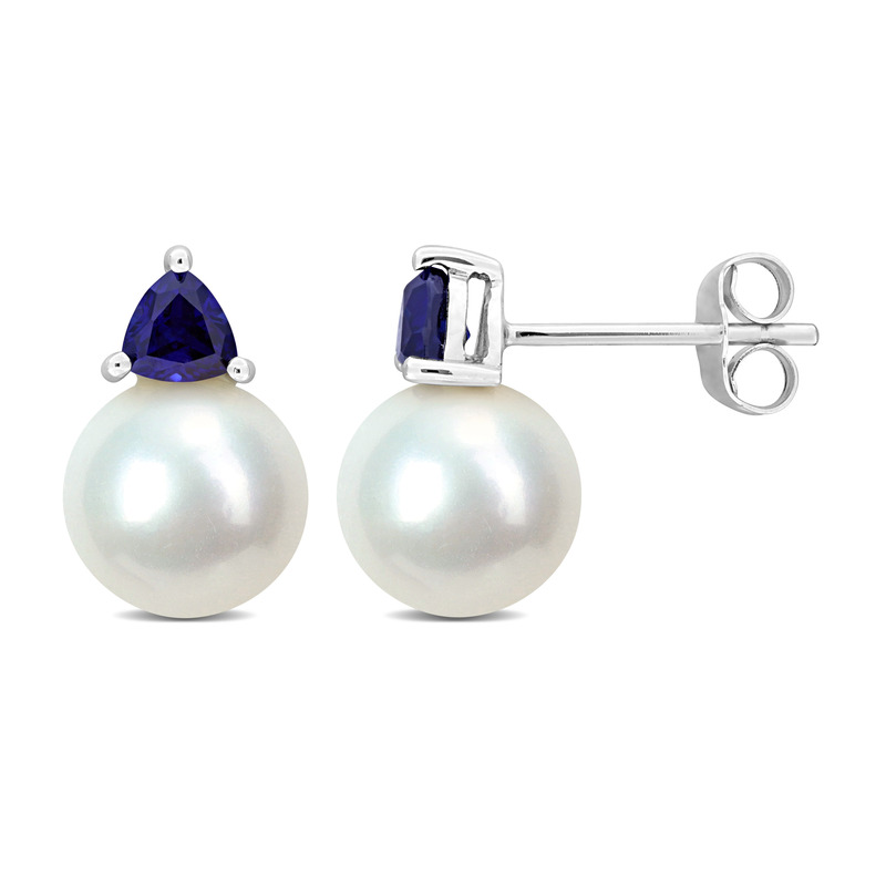 8-8.5mm Cultured Freshwater Pearl 4/5ct TGW Created Blue Sapphire Stud Earrings in 10k White Gold