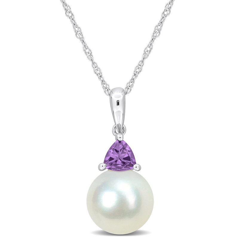 8-8.5mm Cultured Freshwater Pearl and 1/5ct TGW Amethyst Pendant with Chain in 10k White Gold