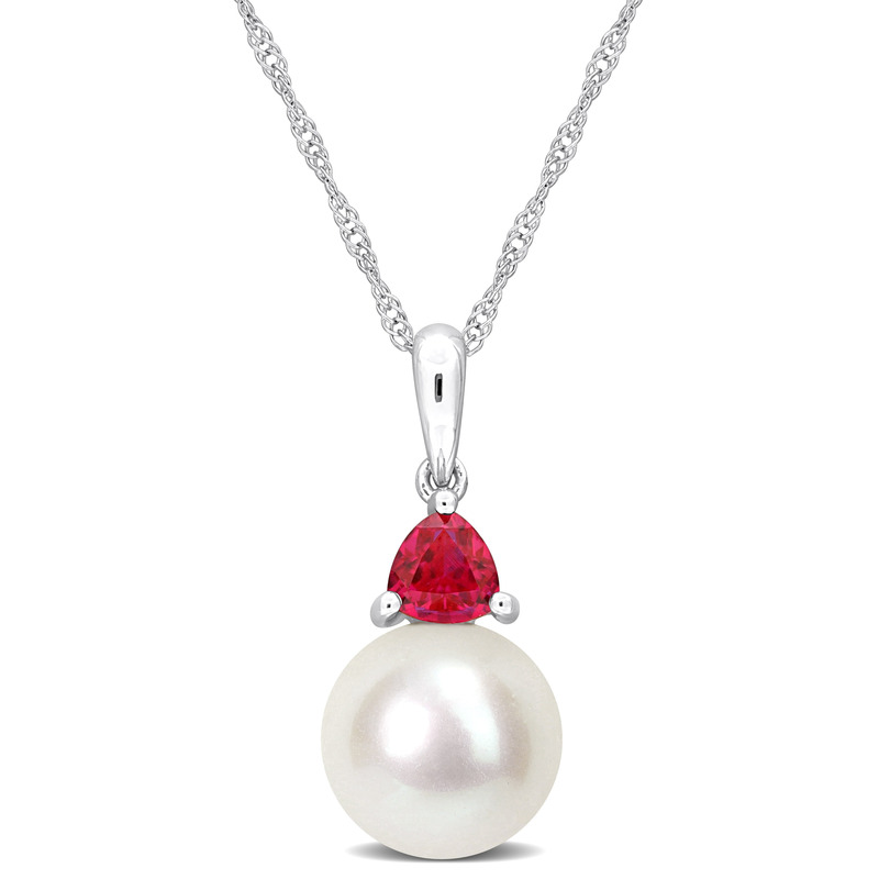 8-8.5mm Cultured Freshwater Pearl and 1/3ct TGW Created Ruby Pendant with Chain in 10k White Gold