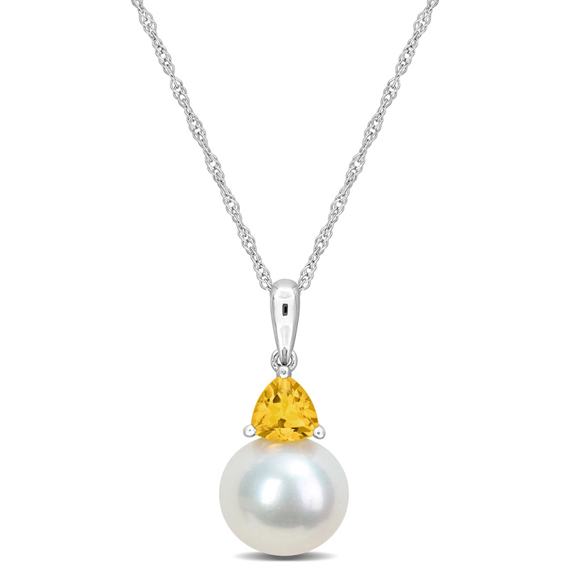8-8.5mm Cultured Freshwater Pearl and 1/4ct TGW Citrine Pendant with Chain in 10k White Gold
