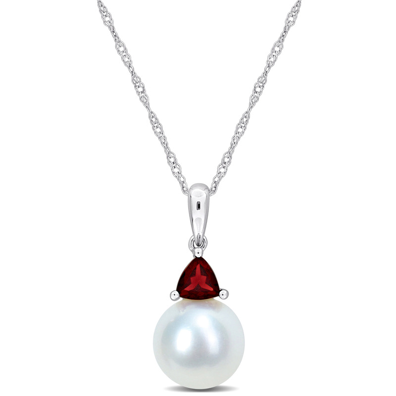 8-8.5mm Cultured Freshwater Pearl and 1/3ct TGW Garnet Pendant with Chain in 10k White Gold