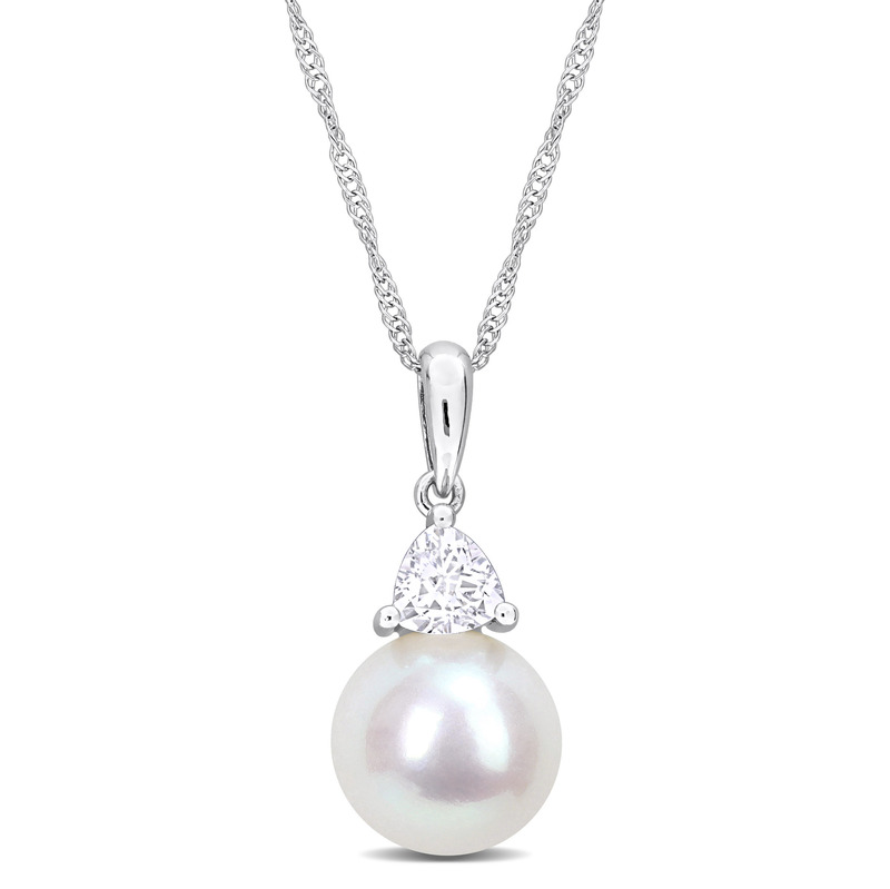 8-8.5mm Cultured Freshwater Pearl and 1/3ct TGW Created White Sapphire Pendant with Chain 10k White Gold