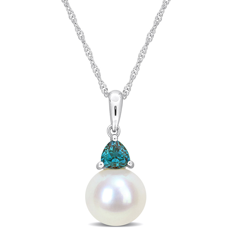 8-8.5mm Cultured Freshwater Pearl and 1/3ct TGW Created Alexandrite Drop Pendant with Chain in 10k White Gold