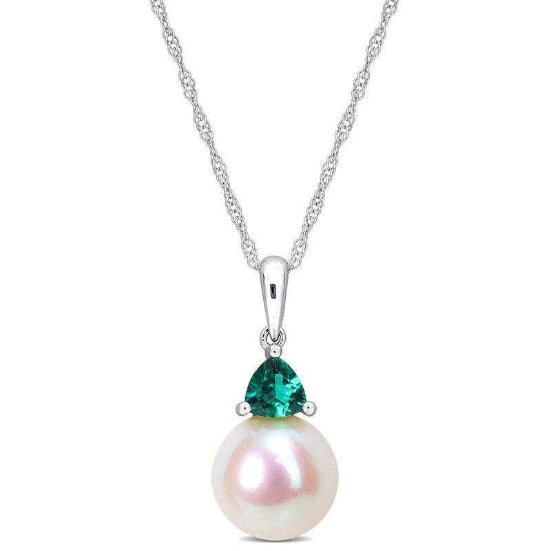 8-8.5mm Cultured Freshwater Pearl and 1/5ct TGW Created Emerald Pendant with Chain in 10k White Gold
