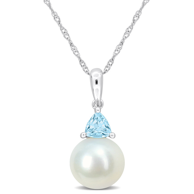 8-8.5mm Cultured Freshwater Pearl and 1/4ct TGW Sky Blue Topaz Pendant with Chain in 10k White Gold