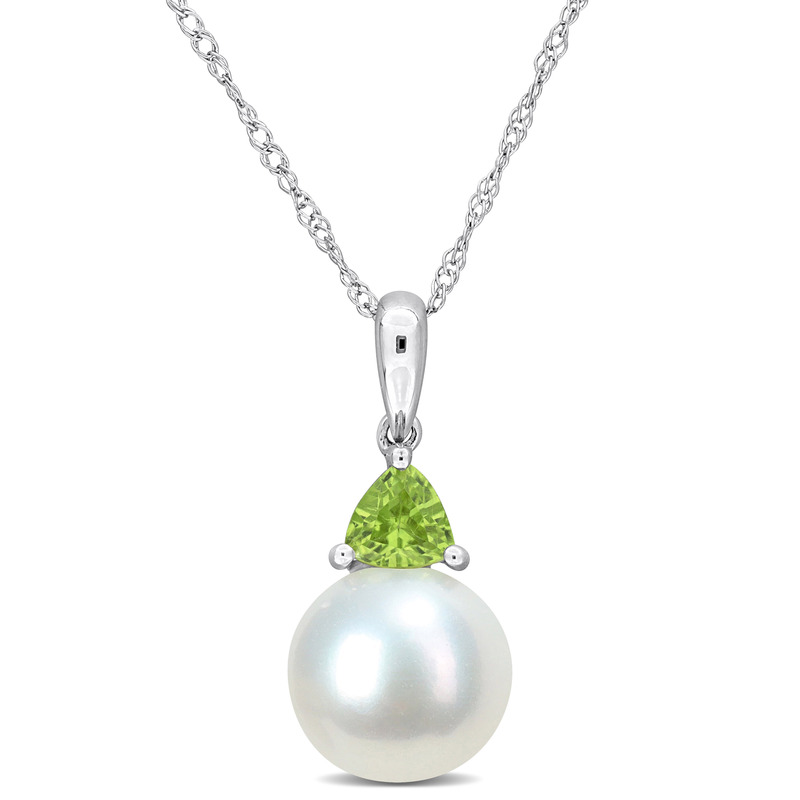 8-8.5mm Cultured Freshwater Pearl and 1/3ct TGW Peridot Pendant with Chain in 10k White Gold