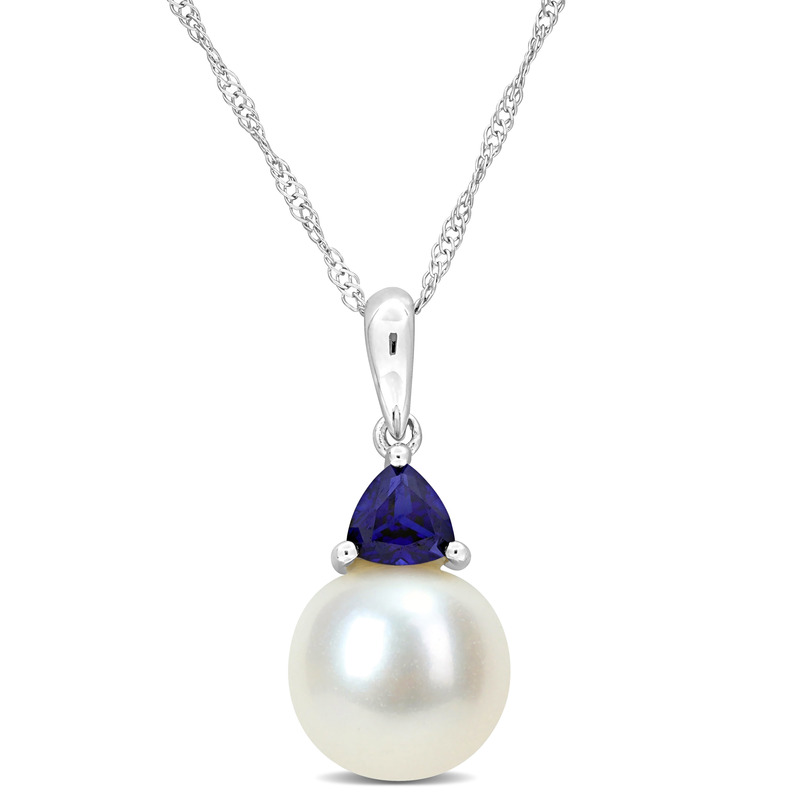 8-8.5mm Cultured Freshwater Pearl 3/8ct TGW Created Blue Sapphire Pendant with Chain in 10k White Gold