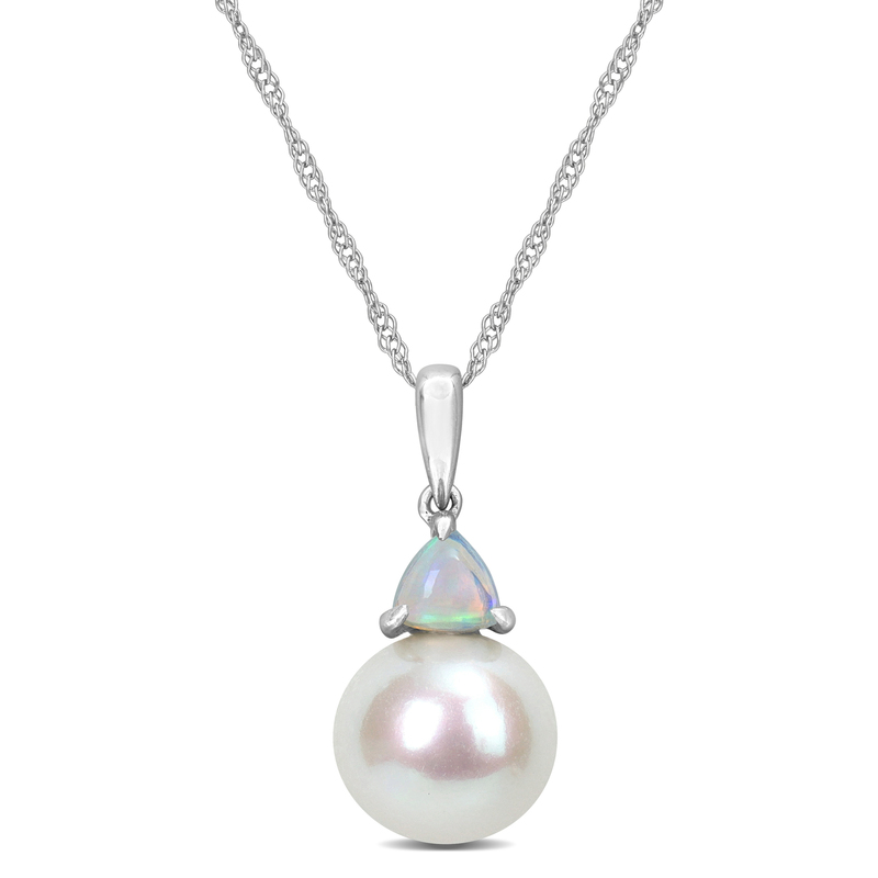 8-8.5mm Cultured Freshwater Pearl and 3/8ct TGW Ethiopian Opal Pendant with Chain in 10k White Gold