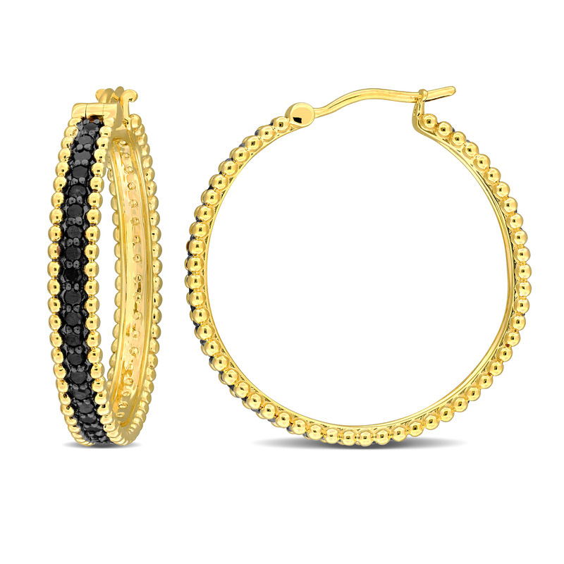 5/8ct TW Black Diamond Beaded Hoop Earrings in 14k Yellow Gold