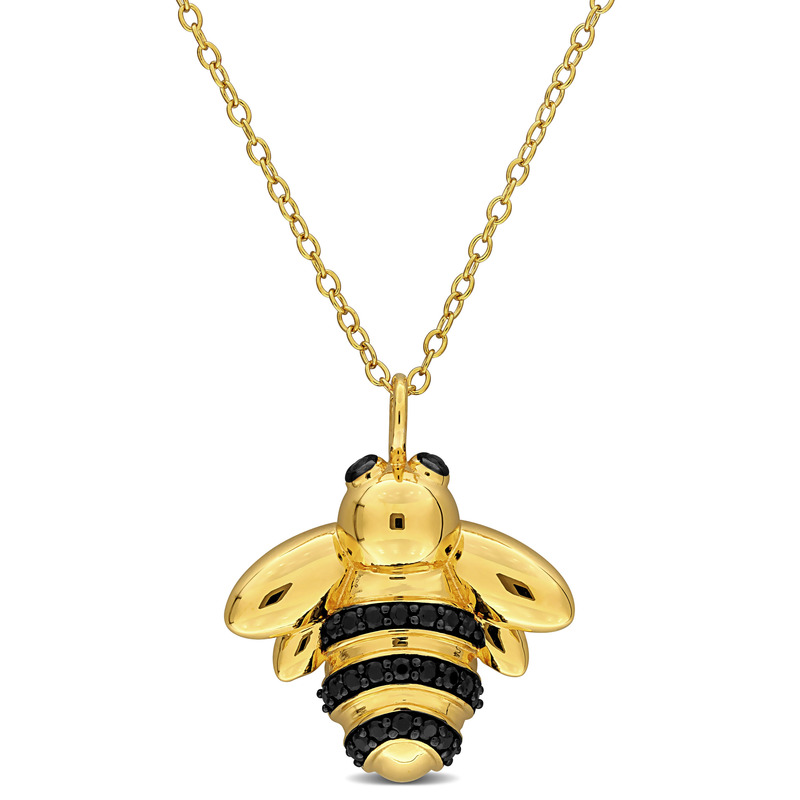 5/8 CT TGW Black Spinel Bee Pendant with Chain in Yellow Plated Sterling Silver - 17 in