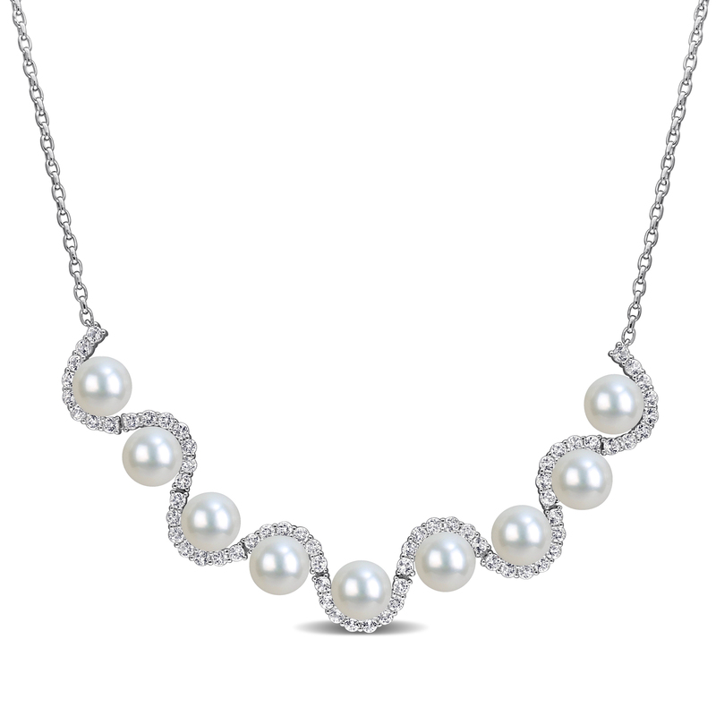 8-8.5mm Cultured Freshwater Pearl and 3 4/5ct TGW White Topaz Necklace in Sterling Silver - 17 in