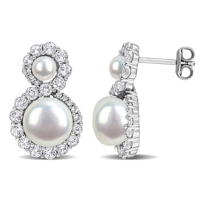 4-8.5mm Cultured Freshwater Pearl and 2ct TGW White Topaz Drop Earrings in Sterling Silver