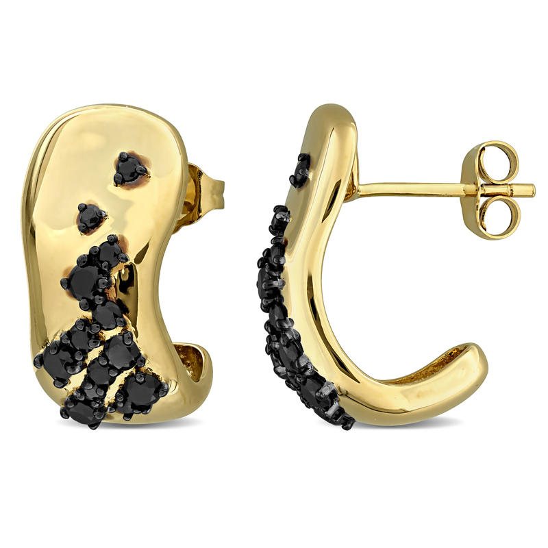 3/4ct TW Black Diamond Cluster Wide Open Semi-Hoop Earring in 14k Yellow Gold