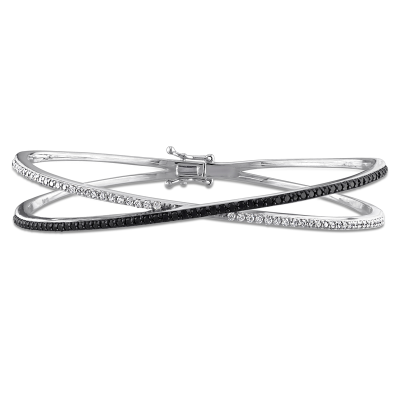 1 1/10ct TW Black and White Diamond Crisscross Design Bangle in Sterling Silver with Black Rhodium