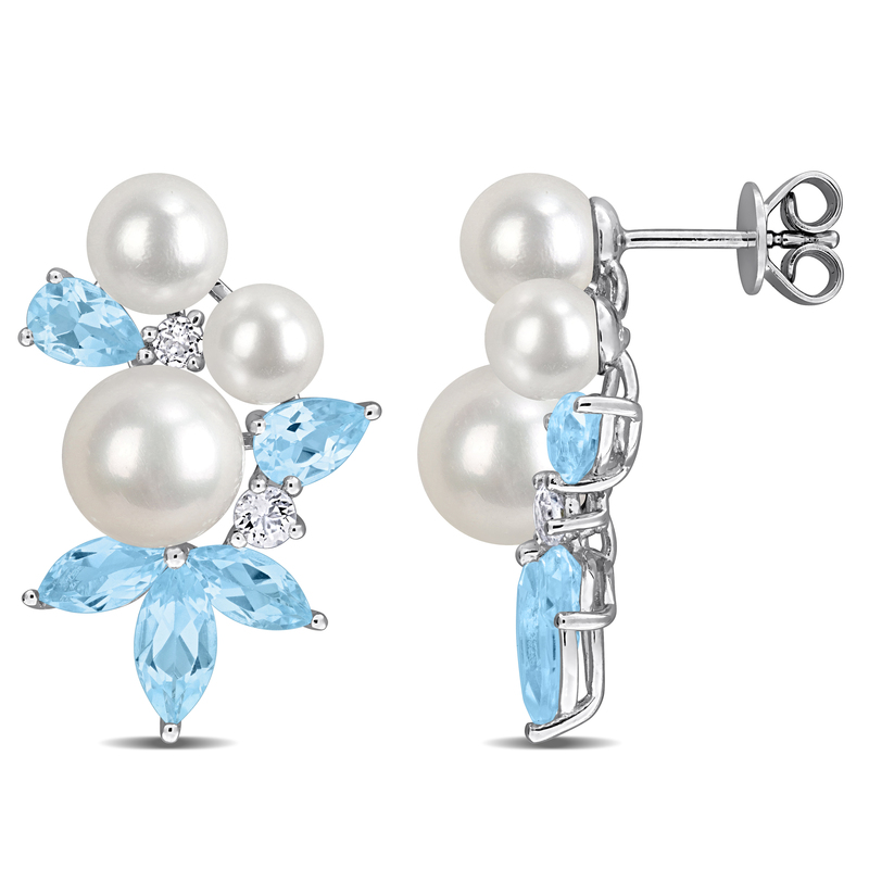 4.5-6.5mm Cultured Freshwater Pearl 5 1/2ct TGW Sky Blue and White Topaz Cluster Drop Earrings in Sterling Silver