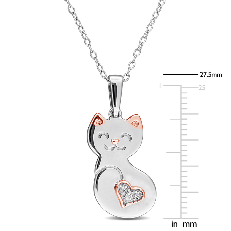 Diamond Accent Cat Heart Pendant with Chain in Two-Tone Sterling Silver - 18 in