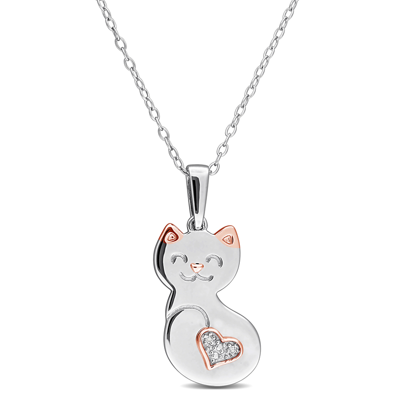 Diamond Accent Cat Heart Pendant with Chain in Two-Tone Sterling Silver - 18 in