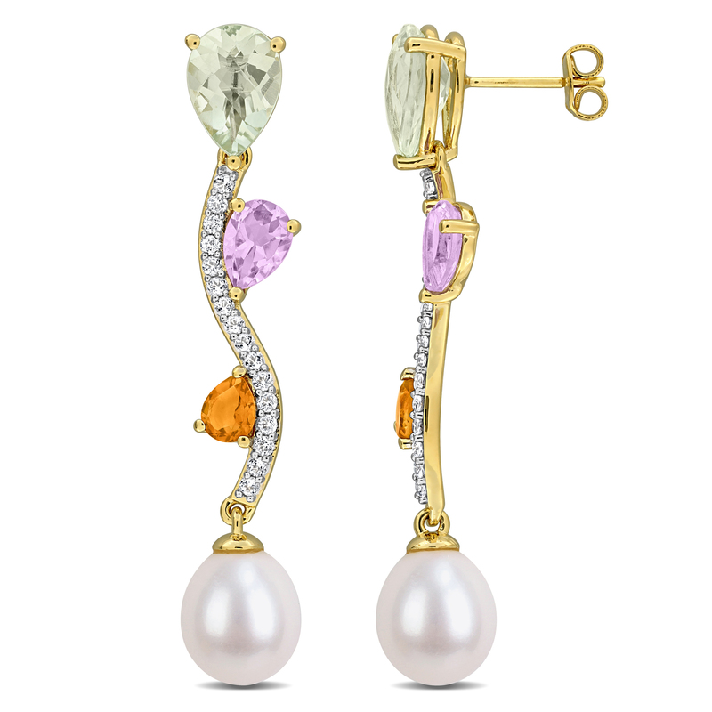 9-9.5mm Cultured Freshwater Pearl 6 3/5ct TGW Green Quartz Rose de France Citrine and White Topaz Wavy Drop Earrings in Yellow Plated Sterling Silver