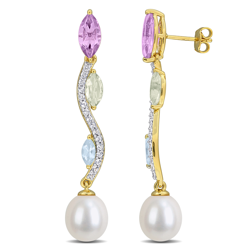 9-9.5mm Cultured Freshwater Pearl 4 3/5ct TGW Rose de France Green Quartz Sky Blue and White Topaz Wavy Drop Earrings in Yellow Plated Sterling Silver