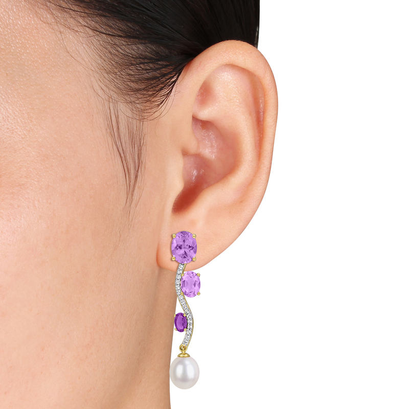 9-9.5mm Cultured Freshwater Pearl 8 1/3ct TGW Amethyst Rose de France Amethyst-Africa and White Topaz Wavy Drop Earrings in Yellow Plated Sterling Silver