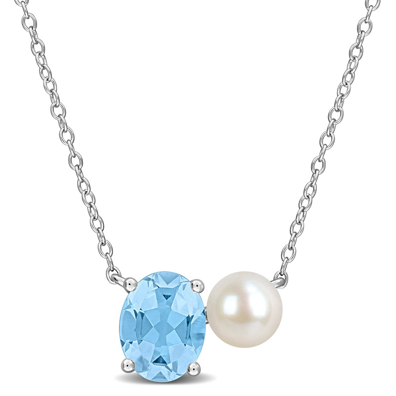 6-6.5mm Cultured Freshwater Pearl and 2 1/2ct TGW Sky Blue Topaz Necklace in Sterling Silver - 17 in