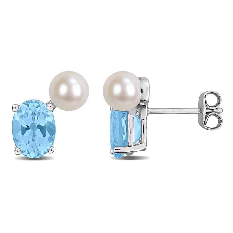 5.5-6mm Cultured Freshwater Pearl and 3ct TGW Sky Blue Topaz Stud Earrings in Sterling Silver