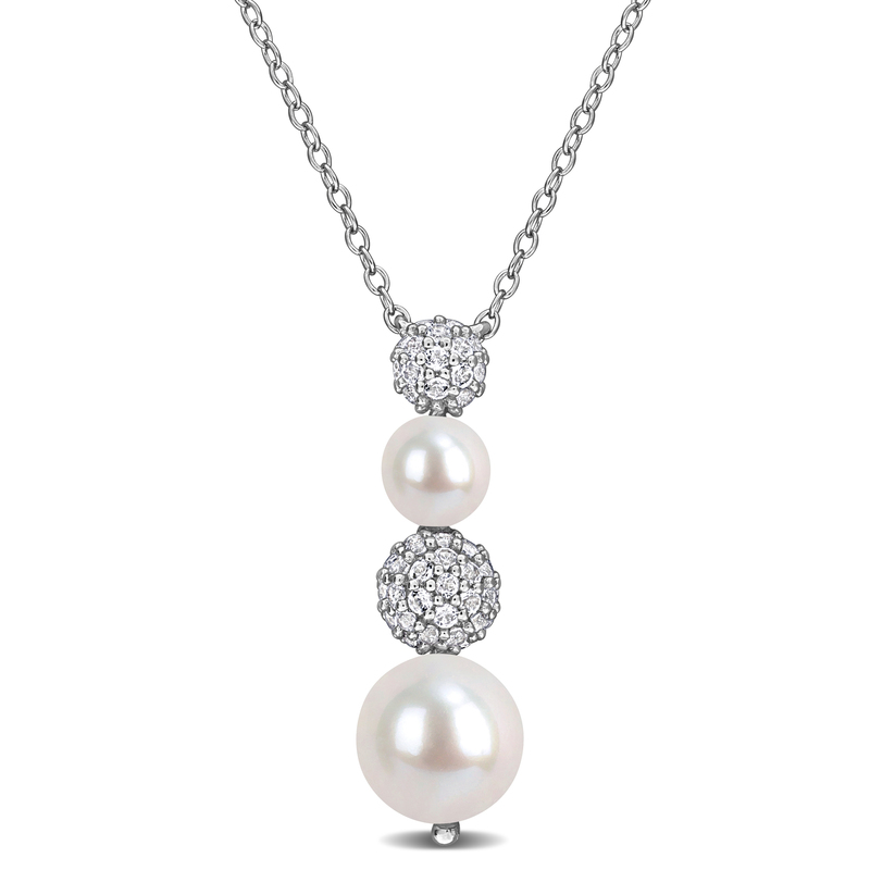5-8.5mm Cultured Freshwater Pearl and 5/8ct TGW White Topaz Drop Pendant with Chain in Sterling Silver - 18 in