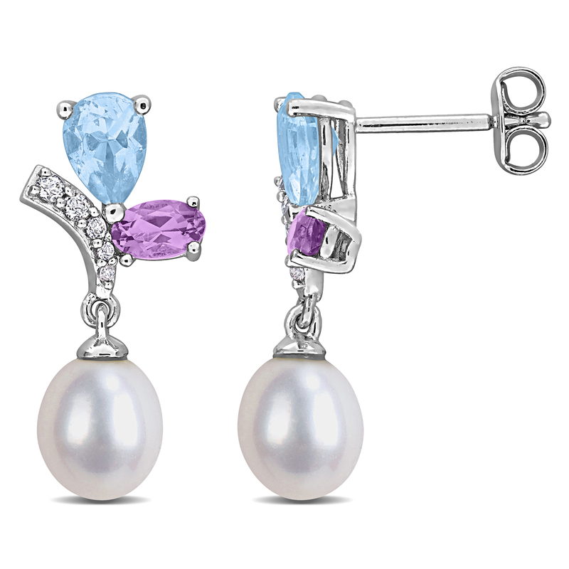 6.5-7mm Cultured Freshwater Pearl 1 3/5ct TGW Sky Blue Topaz  Rose de France and White Topaz Drop Earrings in Sterling Silver